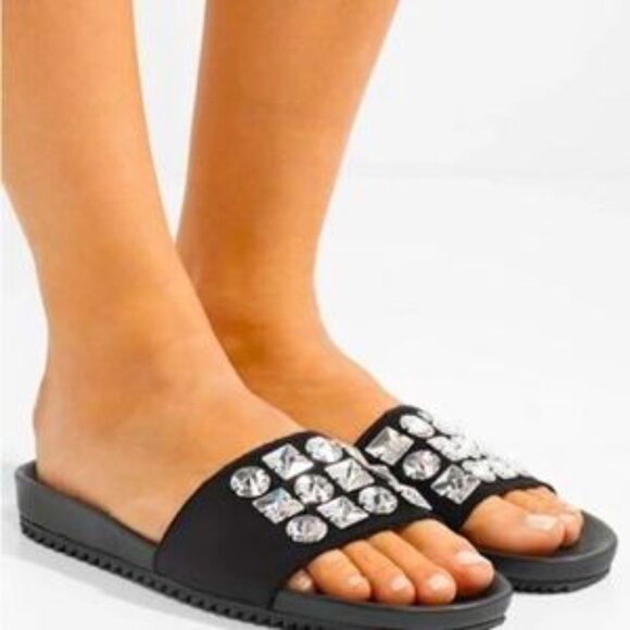 Pedro Garcia Amery Swarovski Crystal Satin & Leather Slide Sandals Size 7.5 EU38